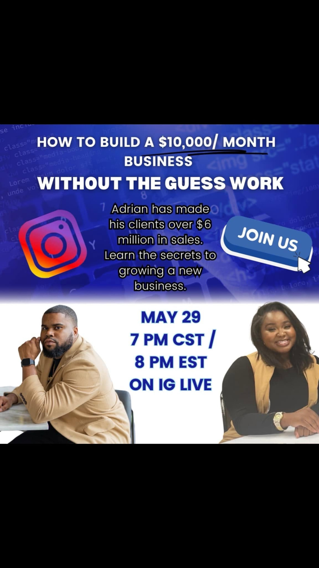 How to Build a $10,000/Month Business IG Live event flyer