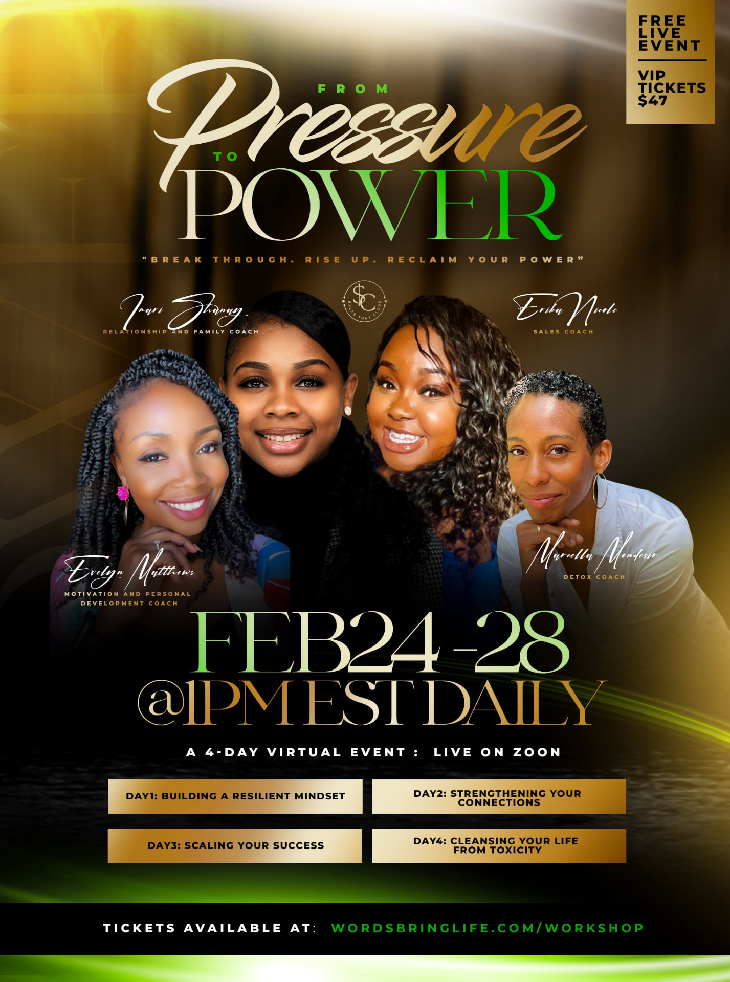 From Pressure to Power — 4-day virtual event flyer featuring Erika Nicole as sales coach