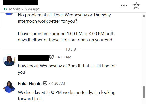 LinkedIn conversation: Wednesday 3pm meeting scheduled