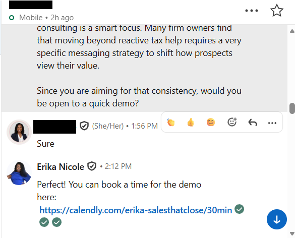 LinkedIn conversation: prospect books a demo via Calendly link